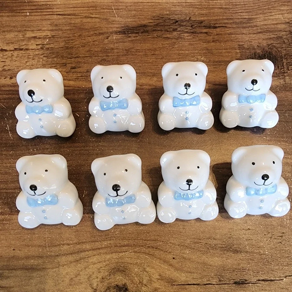 Teddy Bear Pewter Knobs Drawer Pulls Lot of 8 Light Blue Bowtie 2" x 1.5" New - Picture 1 of 8